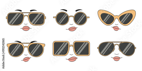Bundle of Colorful Stylish Sunglasses on Female Faces Illustration Set for Summer Fashion