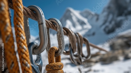 Close-up of carabiners and climbing ropes with blurred mountains backdrop