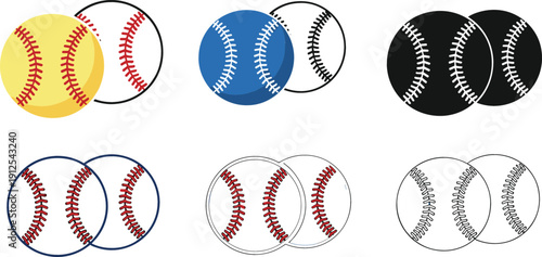 Professional vector set of baseball and softball icons with various stitching styles for team sports league branding
