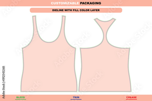 Womens racerback tank apparel dieline with ladies editable vector die line female printable garment mockup professional girls tank top packaging modern design