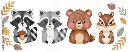 Cute woodland animal collection featuring cartoon raccoons bear and chipmunk with autumn leaves for nursery decor baby shower and children graphic design (22 words)