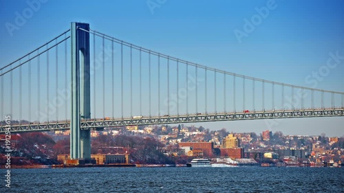New York, USA, 25 December 2025: Verrazzano-Narrows Bridge over the New York harbor. Side view of the Verrazzano-Narrows suspension bridge connecting Brooklyn and Staten Island