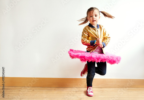 Wallpaper Mural Dancing, fashion and child in home for practice, rhythm or learning at ballet academy. Dancer, performance and girl kid with tutu for stylish outfit with ballerina talent, recital or groove in house. Torontodigital.ca