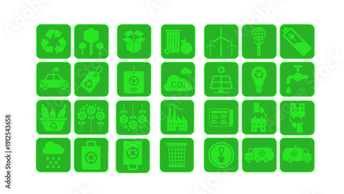 A collection of eco and green technology icons representing sustainability and environmental innovation.