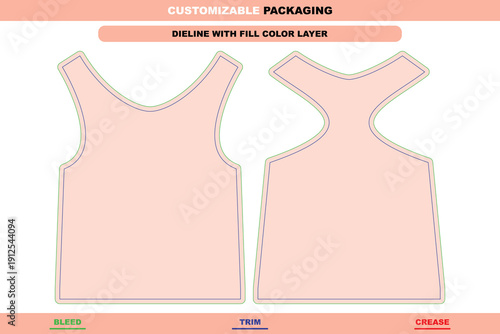 Womens tank top apparel dieline with ladies editable vector die line female printable garment mockup professional girls tank top stylish packaging design