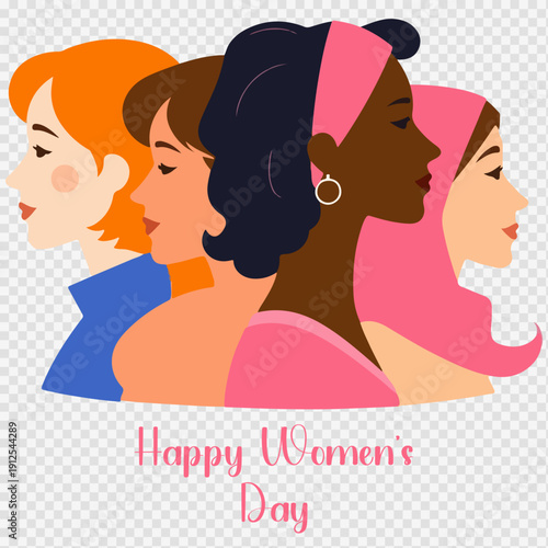 Vector illustration of diverse women's profiles with varied hairstyles and skin tones, celebrating Happy Women's Day, isolated on transparent background.