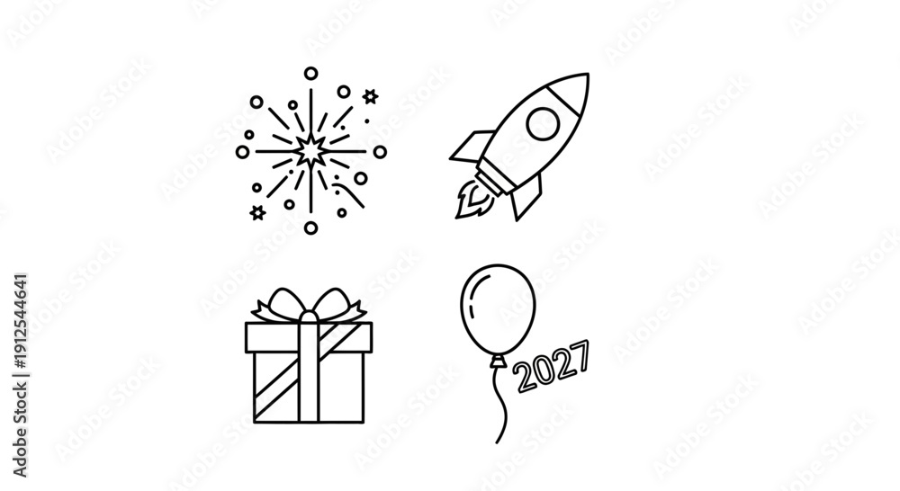 Fototapeta premium New Year Celebration Icons: Fireworks, Rocket, Gift Box, Balloon with 2027