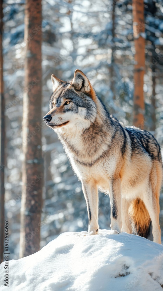 Fototapeta premium Majestic Wolf Standing on Snowy Hillside in Winter Forest