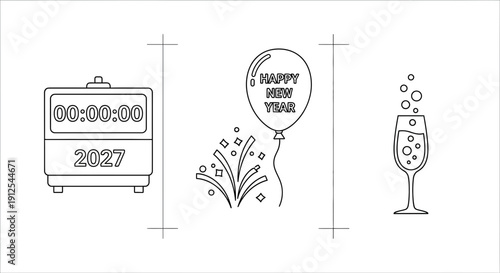 New Year Countdown Clock, Balloon, and Champagne Glass - 2027 Celebration Icons