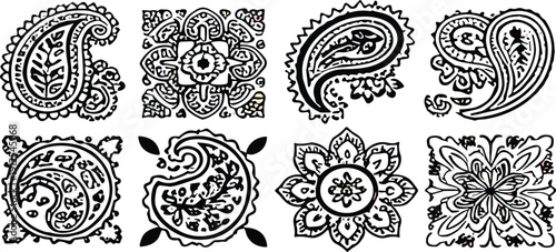 Ornate paisley and floral mandala vector pattern set featuring intricate vintage decorative elements in black and white style