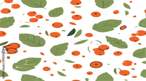 Seamless autumn berry and leaf pattern vector illustration with orange fruits and green foliage background