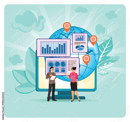 Outsourcing, Global Data Trend Analysis Presentation on Desktop.