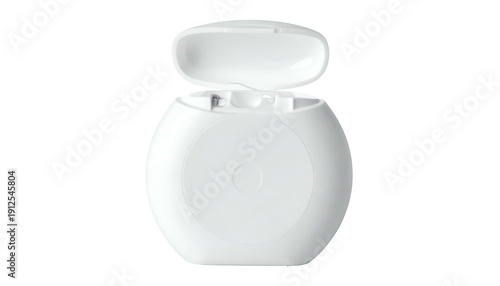 A close-up, studio shot of a white, orb-shaped dental floss dispenser with its lid open, revealing the floss
