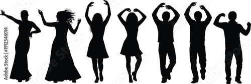 Silhouettes of dancers, expressive poses, adults and children, dynamic movement vector art, lifestyle illustration, joy, diversity, performance, motion, posture