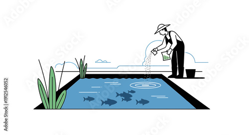 Aquaculture Farmer Feeding Fish in Farm Pond, Sustainable Industry Concept