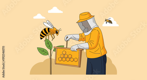 Beekeeper tending to honeycomb frame with bees flying around