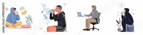 Modern vector illustrations depicting young people focused on daily activities, including remote work, exercise recovery, communication, and creative thinking while staying hydrated.