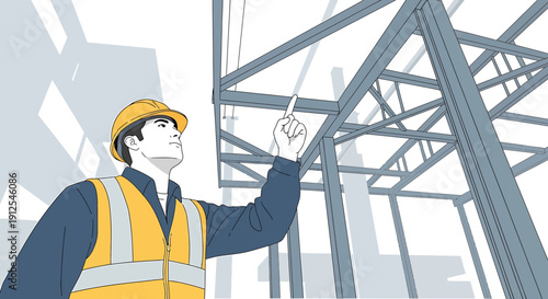 Construction worker in hard hat and safety vest inspects industrial steel structure