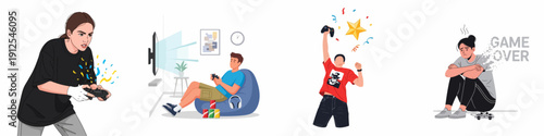 Gamer emotional journey vector illustration set showing focus, casual play, triumphant win, and 'Game Over' defeat.