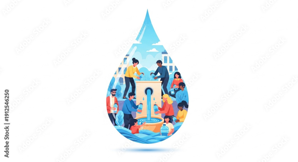 Fototapeta premium World Water Day Awareness Campaign Illustration with Community Refilling Reusable Bottles