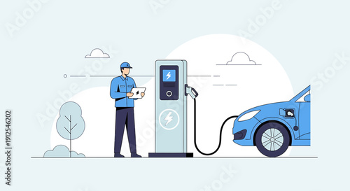 Man charging electric car at station, sustainable transport, clean energy concept