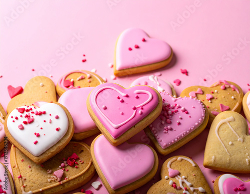Heart Shaped Valentine's Day Cookies with Pink and White Royal Icing and Sprinkles on Pink Background, Romantic Love Biscuits and Sweets