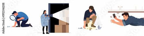 Collection of illustrations showing people investigating, tracking footprints, finding lost keys, and searching dark storage areas.