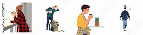 Casual lifestyle scenes: People in plaid flannel shirts drinking coffee, enjoying morning routine, traveling, and relaxing indoors.