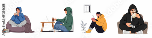 Casual indoor life illustrations featuring people in hoodies relaxing, working remotely on a laptop, gaming, and enjoying warm beverages.