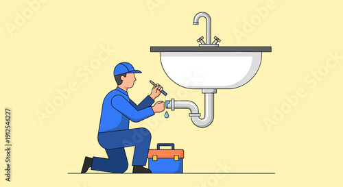 Plumber Fixing Sink Pipe Underneath Bathroom or Kitchen Washbasin