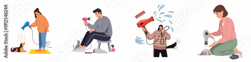 Collection of flat vector illustrations depicting people using hairdryers for pet care, dog grooming, and personal styling on a white background.