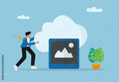 Cloud Storage and Digital Media Management Illustration with Person Interacting with Large Cloud Icon and Image Symbol for Online Technology