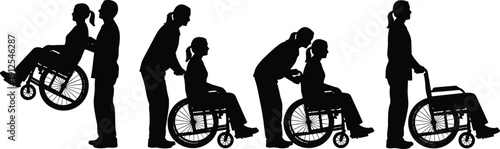 Silhouettes of caregiver helping wheelchair user, support and assistance illustration, accessibility vector art, mobility aid, inclusivity, healthcare, compassion, community