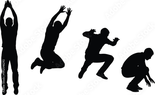 Silhouettes of person jumping sequence, athletic motion illustration, sports biomechanics vector art, fitness posture, exercise movement, dynamic action, performance