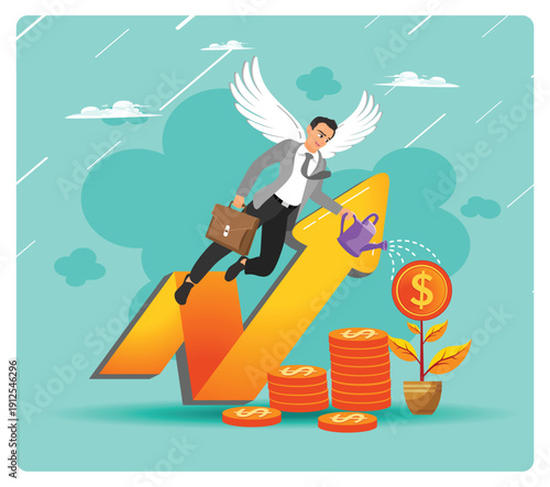 Angel Investor Riding an Arrow of Growth, Watering Money Plant and Coins.