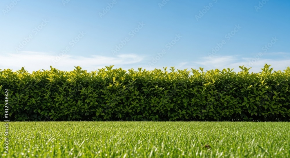 Fototapeta premium Vibrant green lawn with a neatly trimmed hedge under a clear azure blue sky, creating a natural boundary for outdoor design projects.
