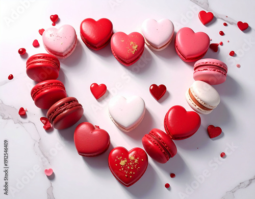 Heart-Shaped Macarons and French Cookies Arranged in a Heart for Valentine's Day on White Marble Surface