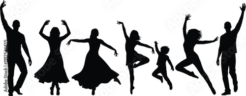 Silhouettes of dancers, children and adults, ballet and contemporary poses, expressive movement vector art, lifestyle illustration, joy, diversity, performance