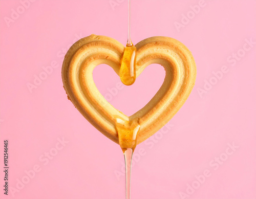 Heart Shaped Cookie with Honey or Syrup Dripping Against a Pink Background for Valentine's Day
