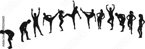 Silhouettes of people in motion, dance poses, exercise illustration, performance art vector, human movement sequence, fitness choreography, dynamic posture, lifestyle
