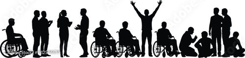 Inclusive silhouettes of diverse people, wheelchair users, community interaction, accessibility vector art, social bonding illustration, diversity, friendship, lifestyle, support, unity
