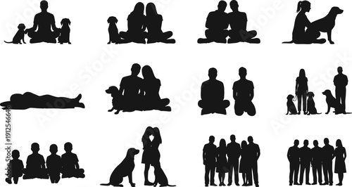 Silhouettes of people with dogs, family group interaction, pet companionship illustration, children sitting, animal bonding, friendship, vector art, lifestyle