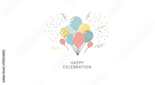 A colorful vector graphic illustration of balloons and confetti celebrating a happy occasion