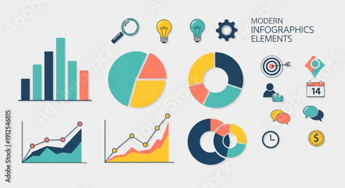 A collection of modern infographics elements including charts, graphs, and icons for data visualization and business presentation