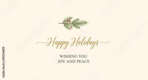 A festive holiday greeting card with a sprig of pine and berries