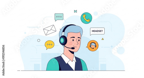 A customer service representative wearing a headset with various communication icons surrounding him