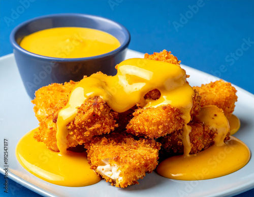 Crispy Fried Chicken Nuggets or Breaded Fish Sticks Drizzled with Creamy Melted Cheese Sauce, Golden Appetizer Snack