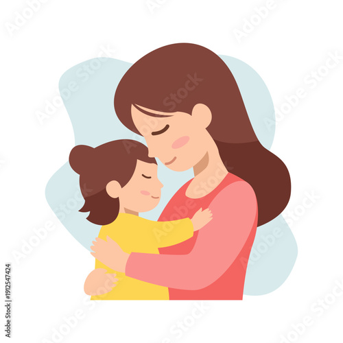 Mother Hugging Daughter in Flat Pastel Illustration