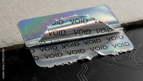 Torn holographic void sticker on black surface with circuit board