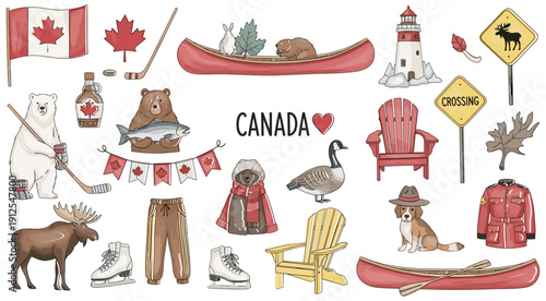 Canada travel sticker set featuring maple leaf flag moose polar bear beaver hockey lighthouse maple syrup and iconic national symbols for tourism (22 words)